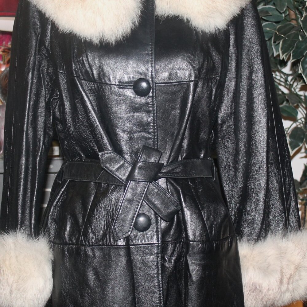 Rare Vintage 70's The Vogue Belted Black Leather & Fox Fur Jacket Coat Trench M - Picture 3 of 10